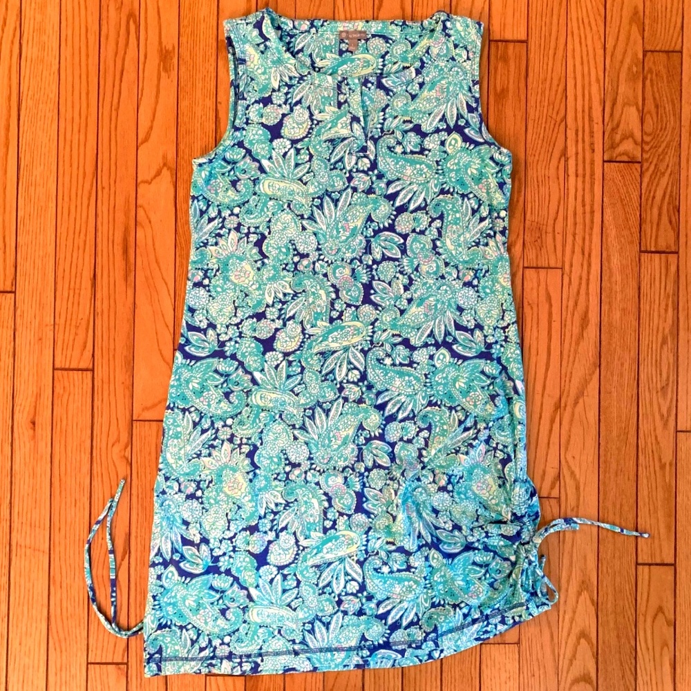 T By Talbots Dress  L Casual Shift Dress Paisley Blue Sleeveless Cotton Rayon